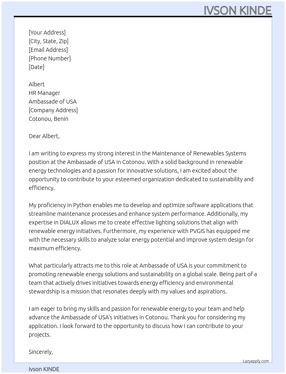 Cover letter for maintenance of renewables systems - LazyApply