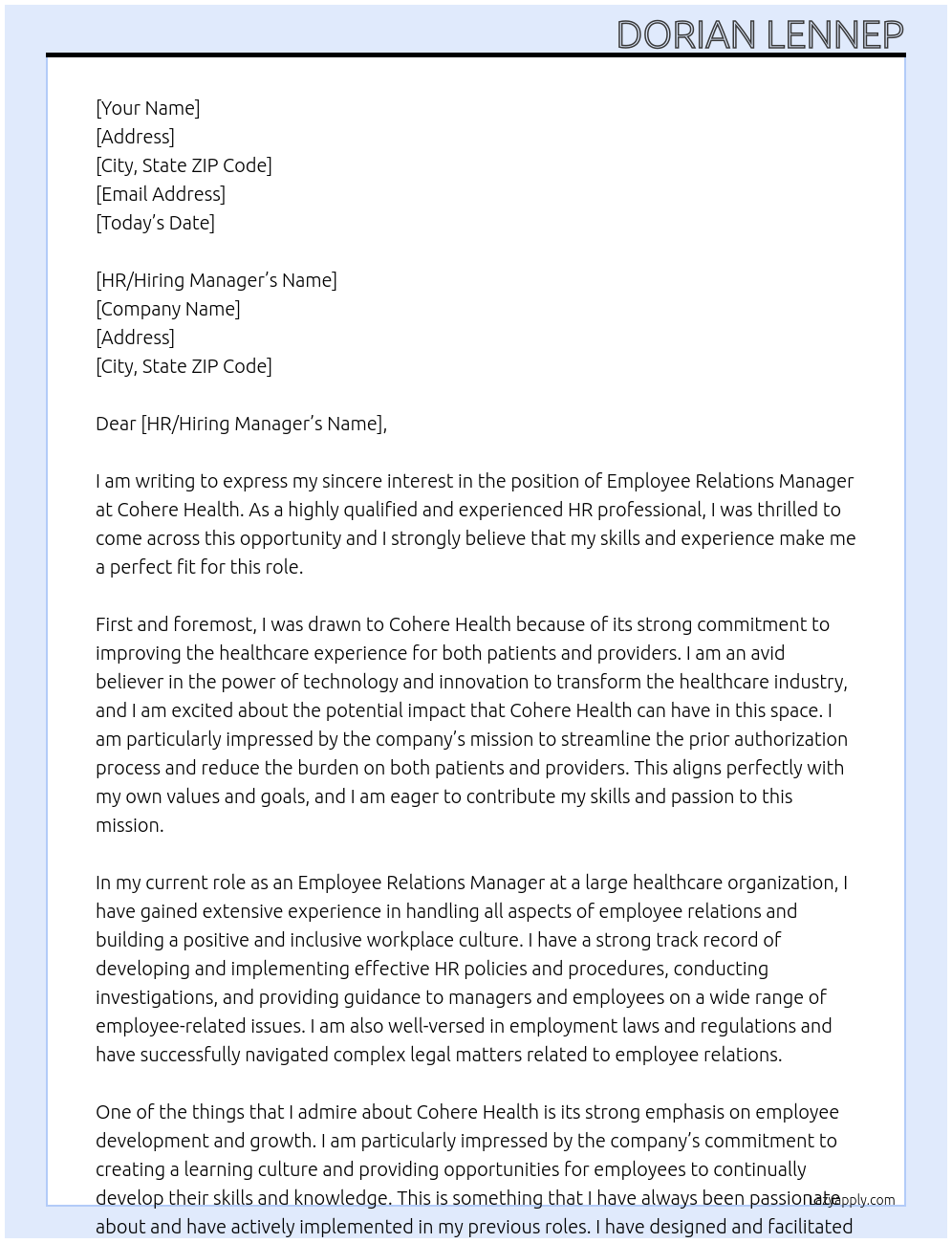 Employee Relations Manager At Cohere Health Cover Letter