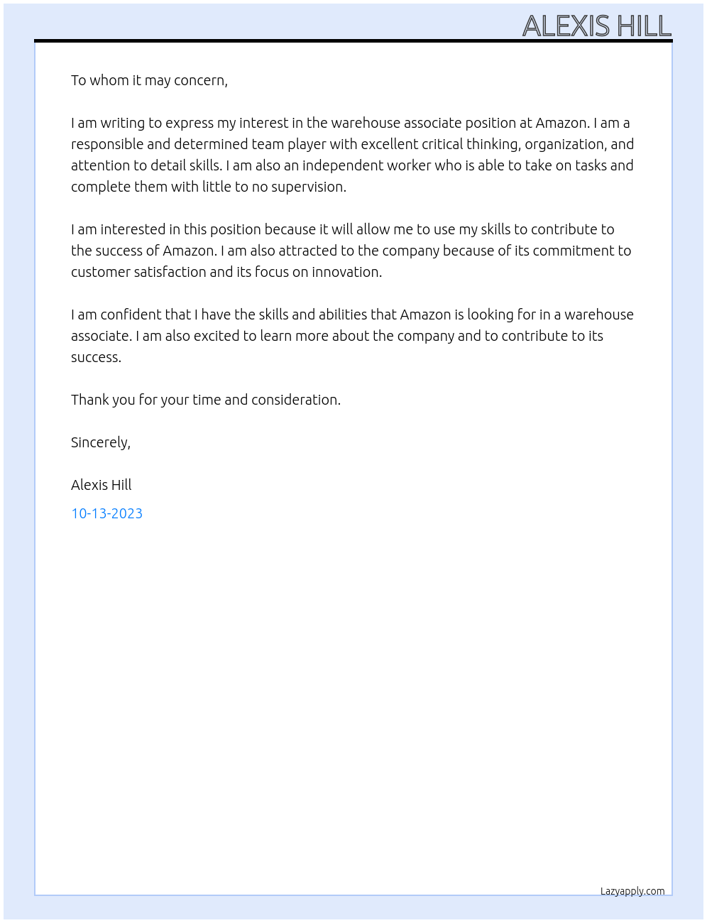 warehouse Associate At Amazon Cover Letter