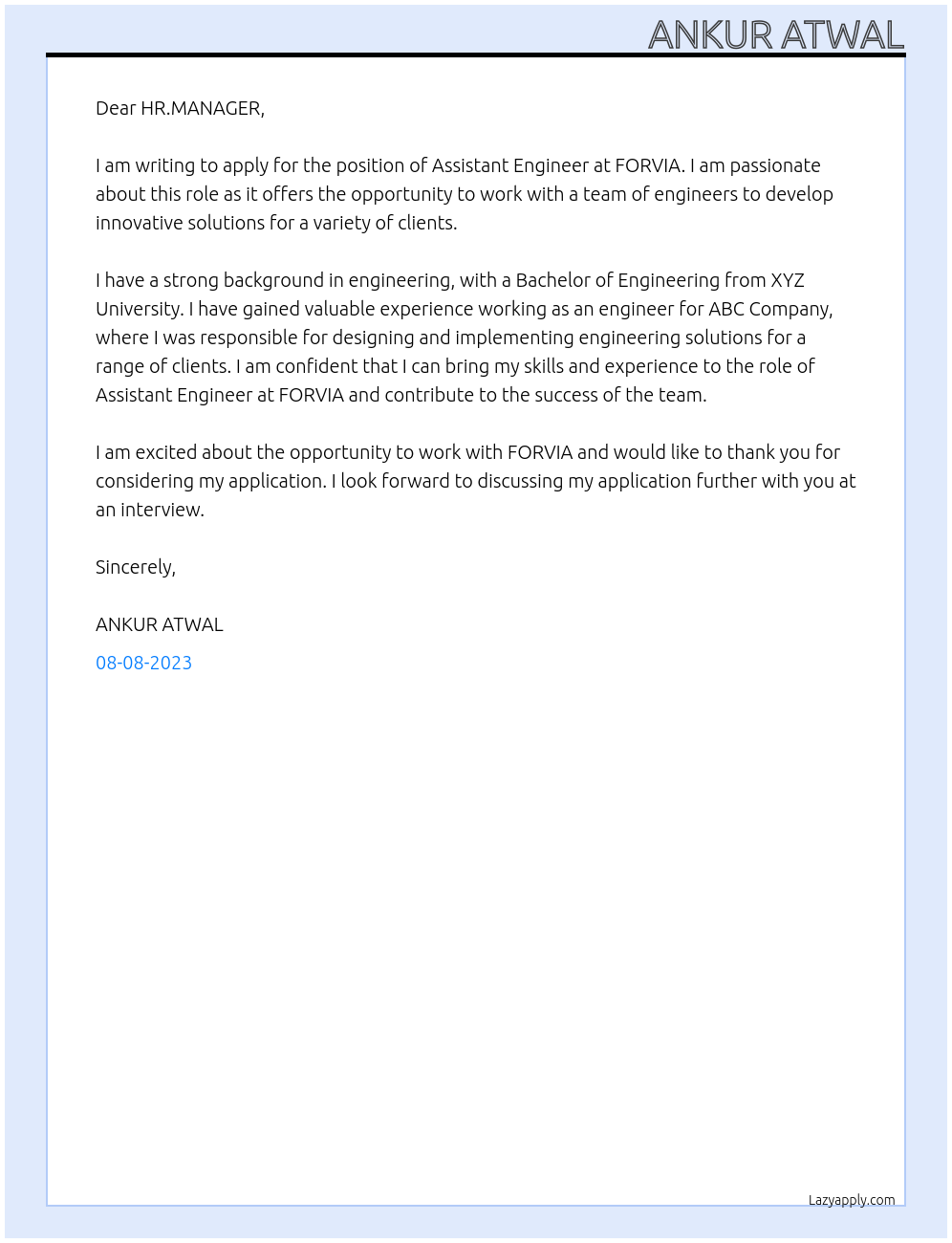 ASSISTANT ENGINEER At FORVIA Cover Letter