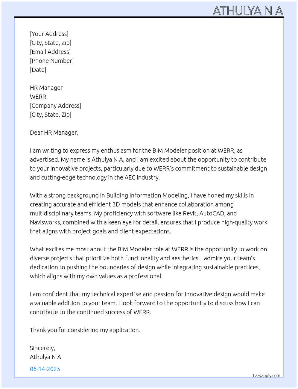 Bim modeler At WERR Cover Letter