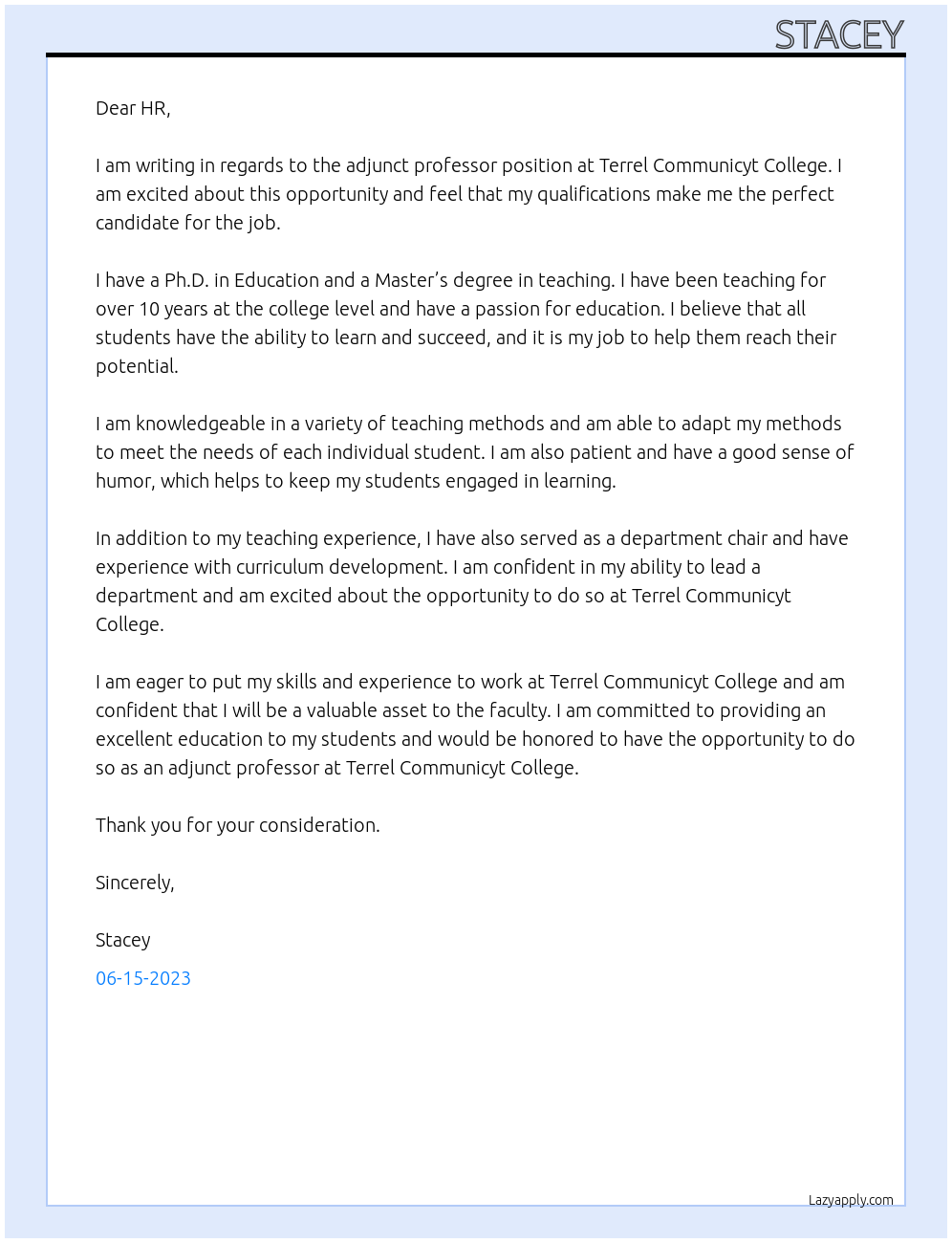 Cover letter for adjunct professor - LazyApply