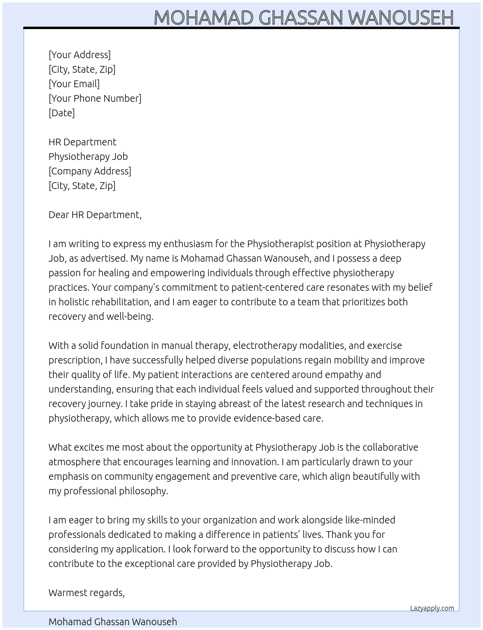 Cover letter for physiotherapist - LazyApply