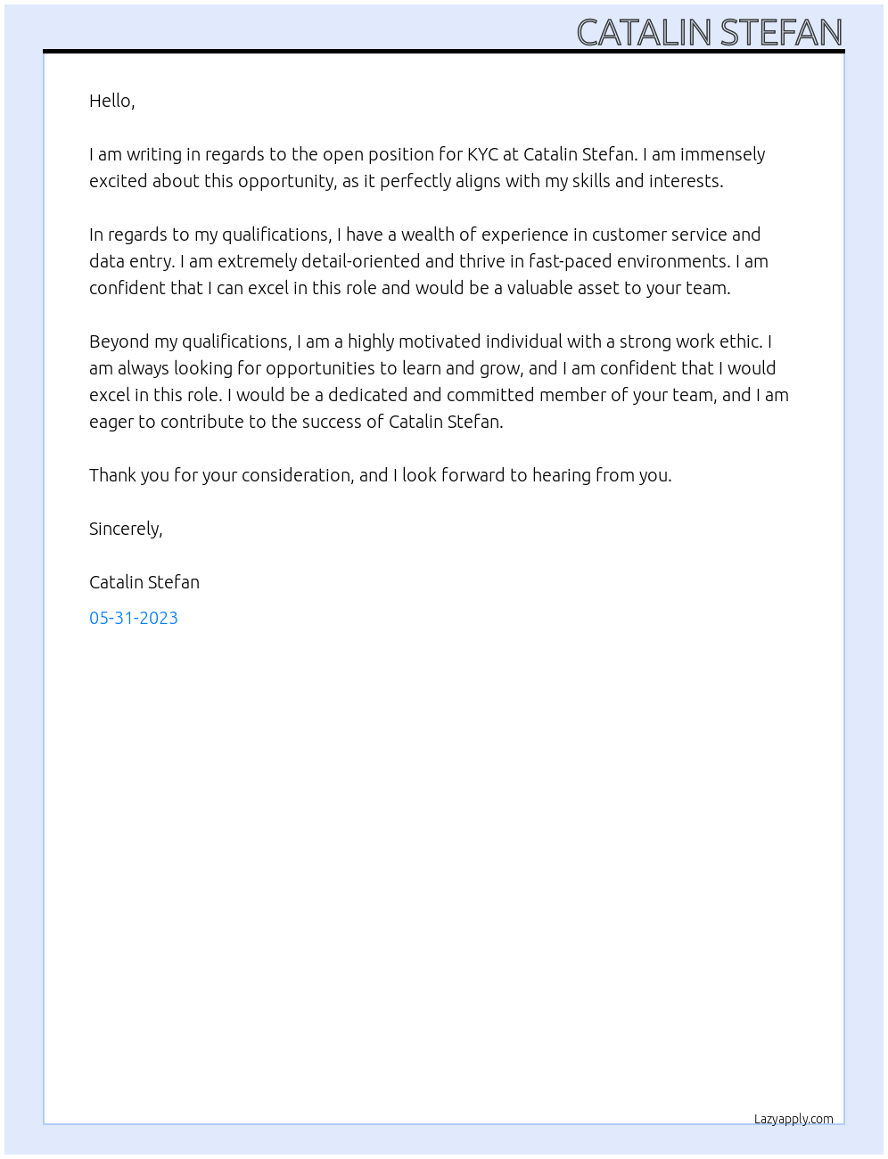 KYC At Catalin Stefan Cover Letter