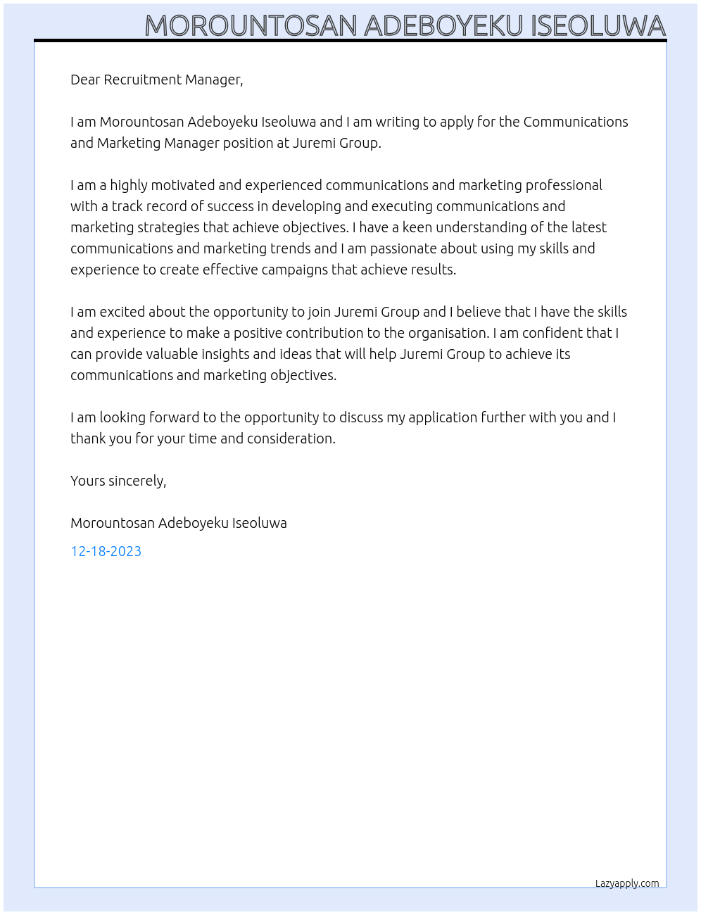 Communications and Marketing Manager At Juremi Group Cover Letter