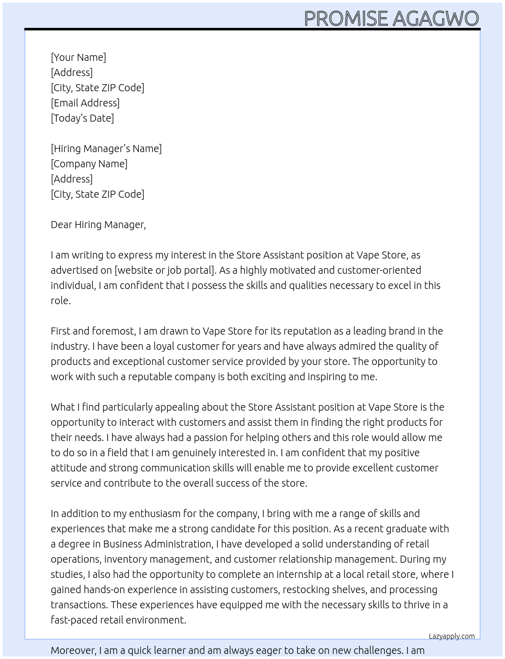 Store assistant At Vape store Cover Letter