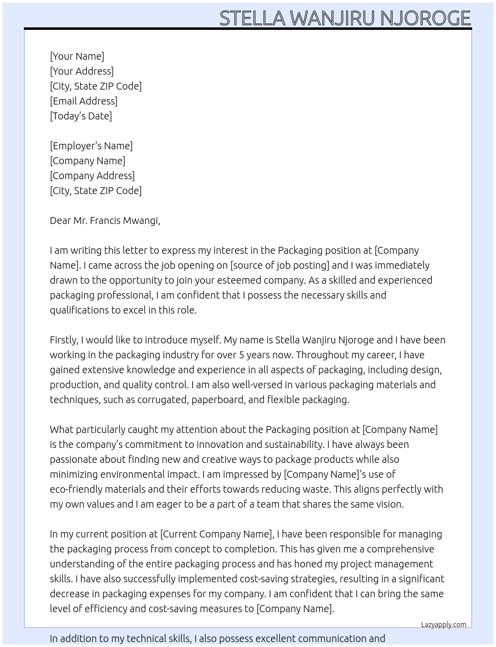 PACKAGING At STELLA WANJIRU NJOROGE Cover Letter