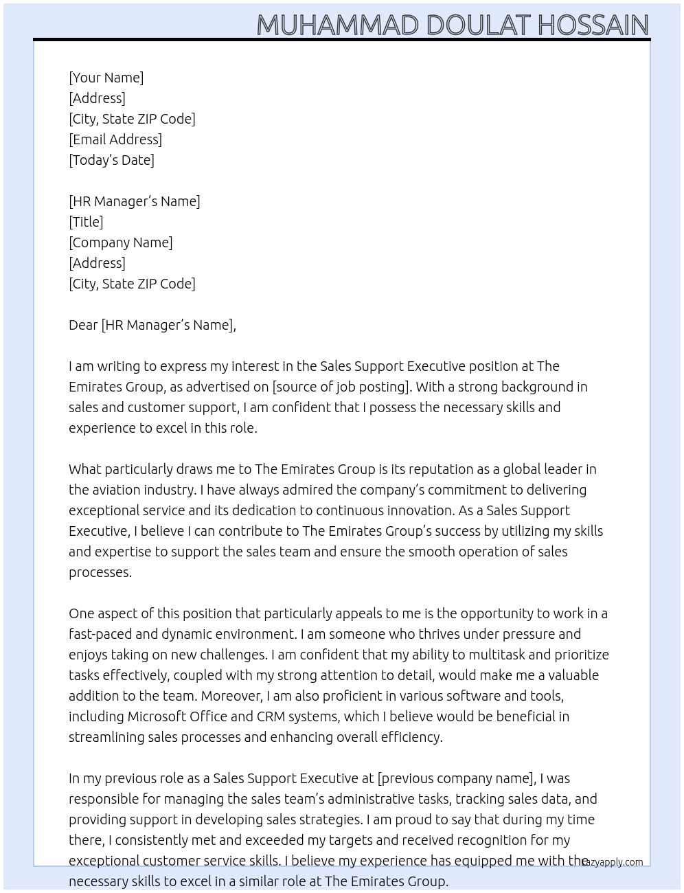 Cover letter for sales support executive - LazyApply