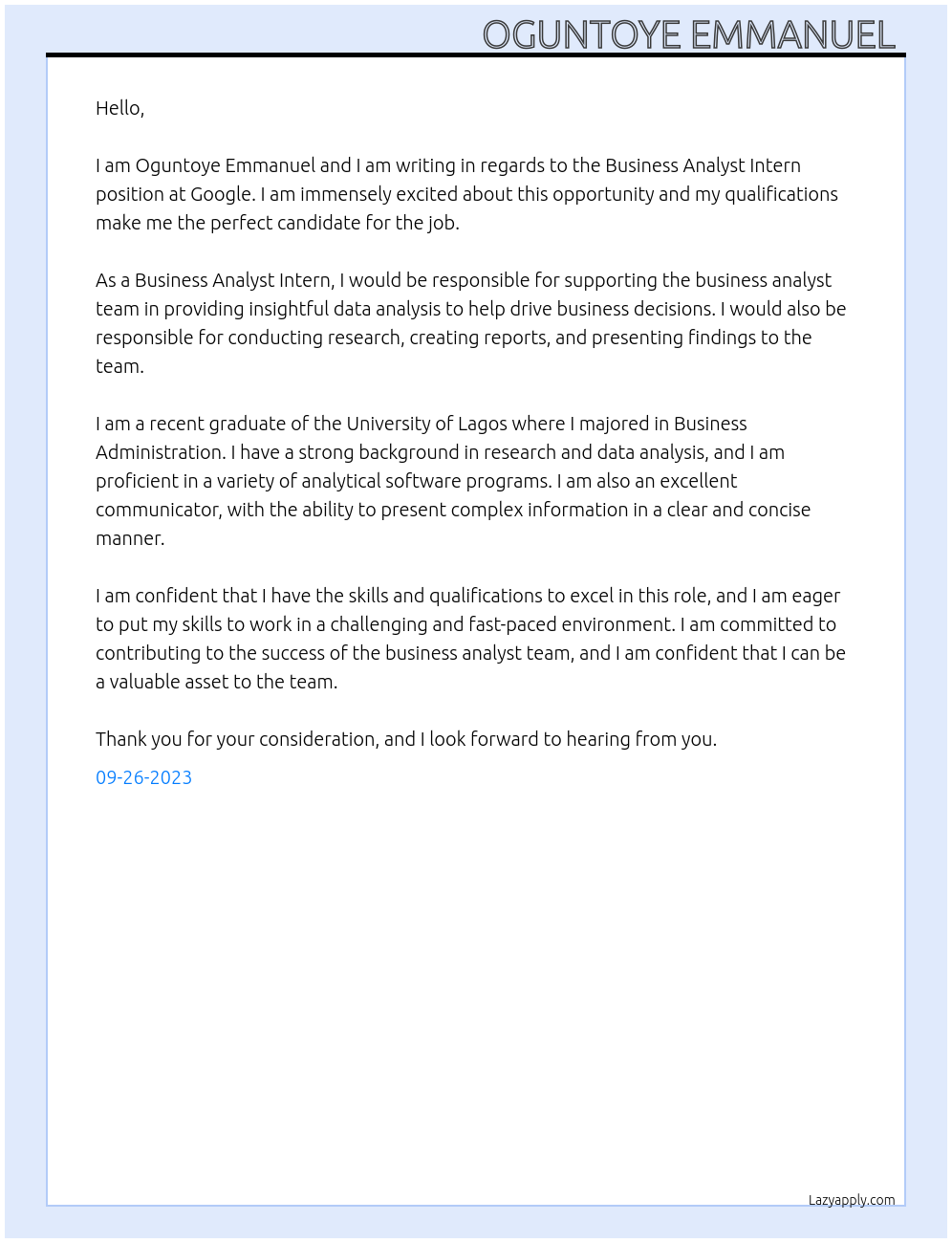 Business analyst intern At Google Cover Letter