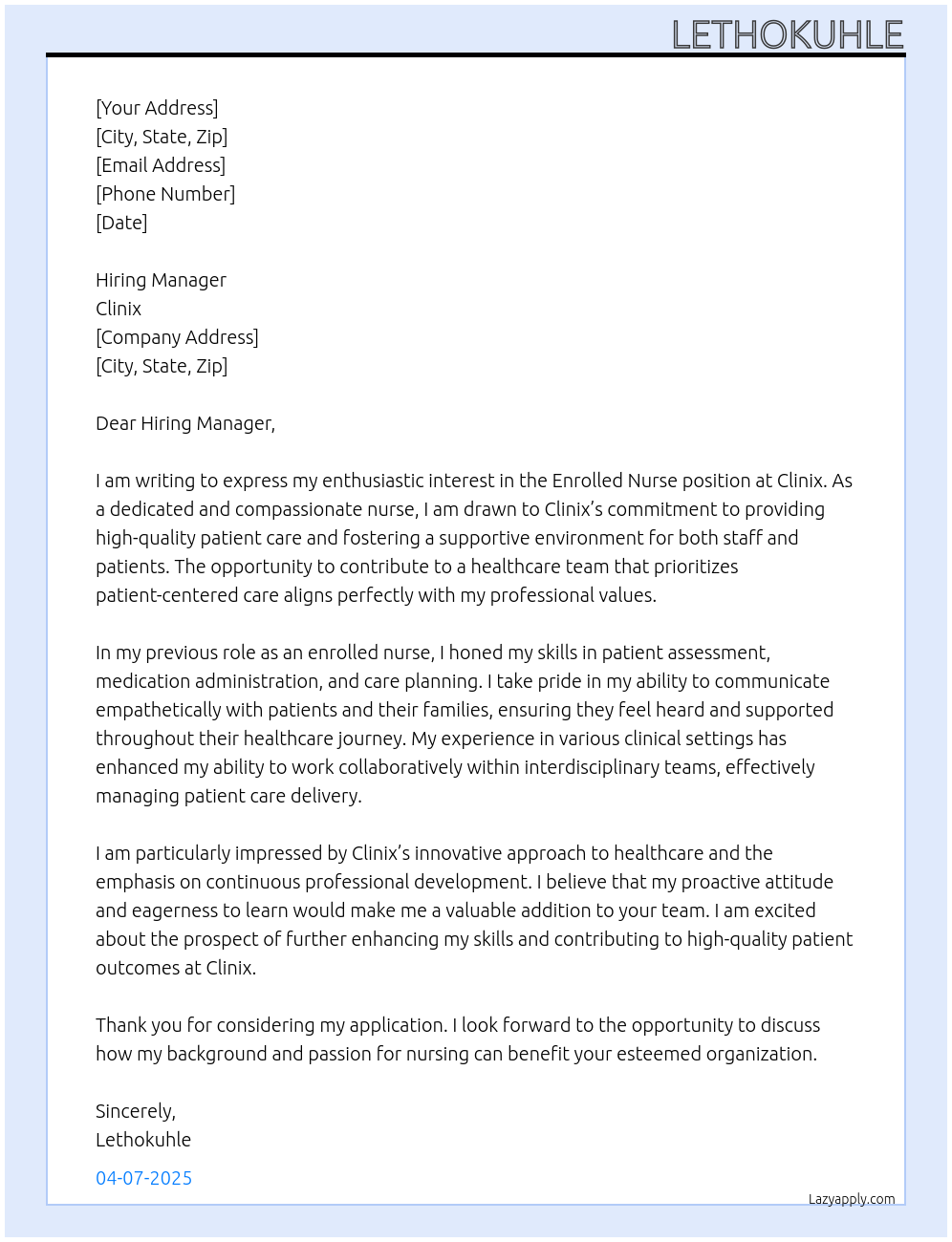 enrolled nurse At Clinix Cover Letter