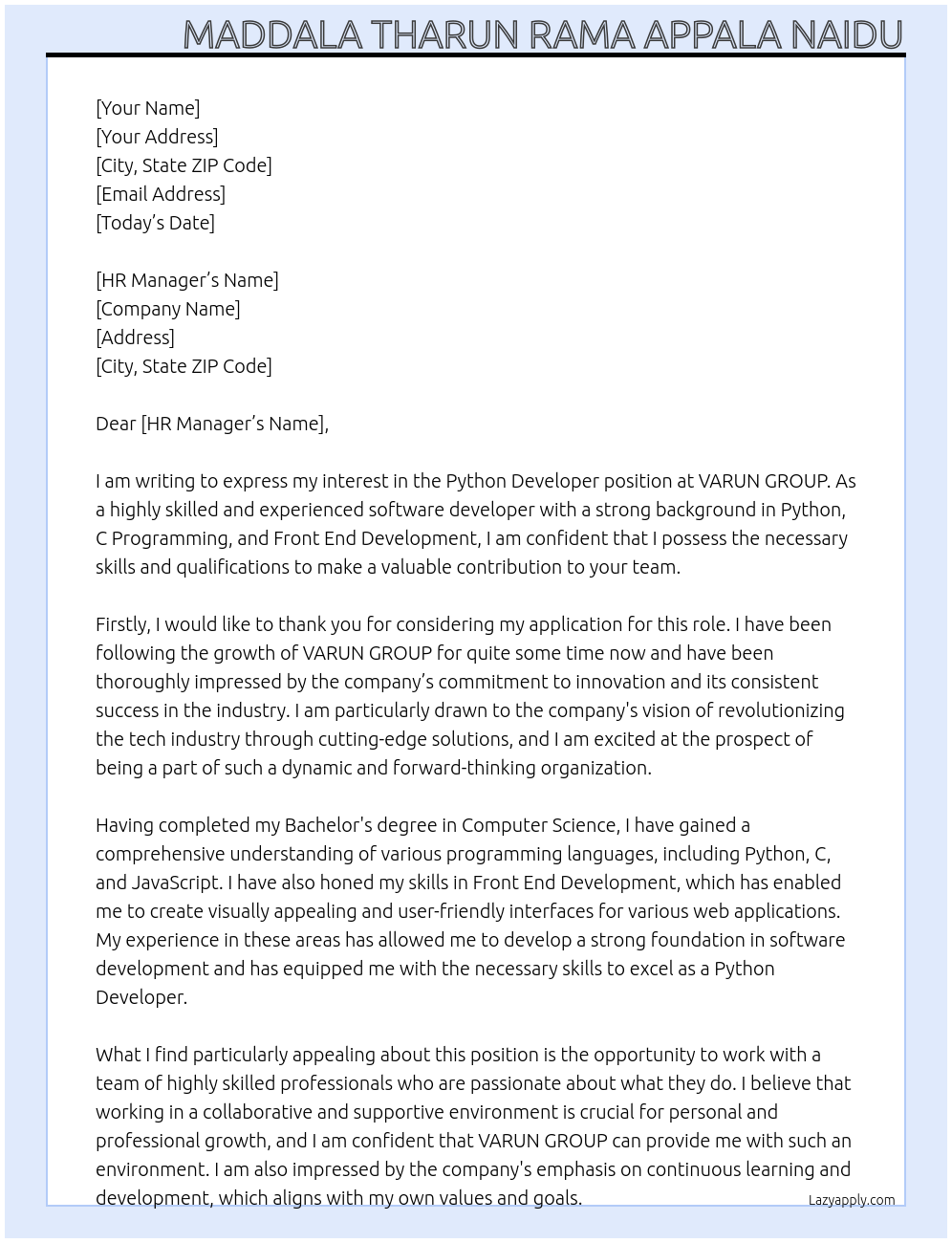 Python developer At VARUN GROUP Cover Letter