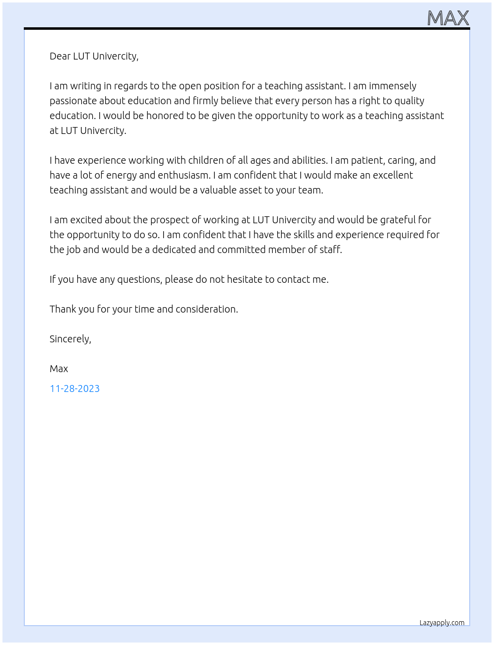 TEACHING ASSISTANT At LUT Univercity Cover Letter