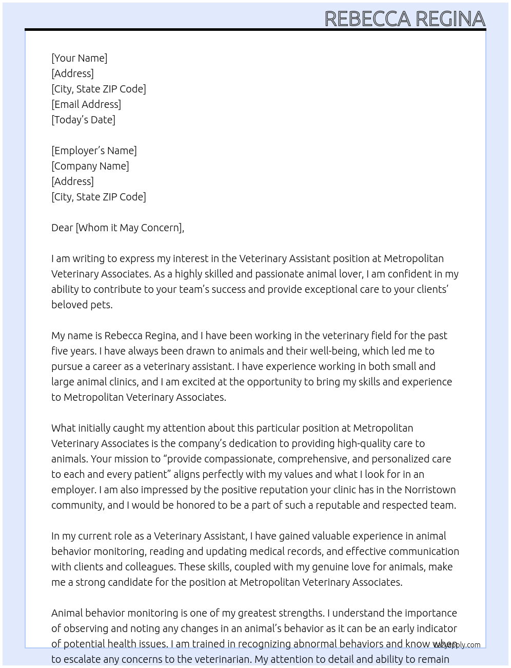 Veterinary Assistant At Metropolitan Veterinary Associates Cover Letter