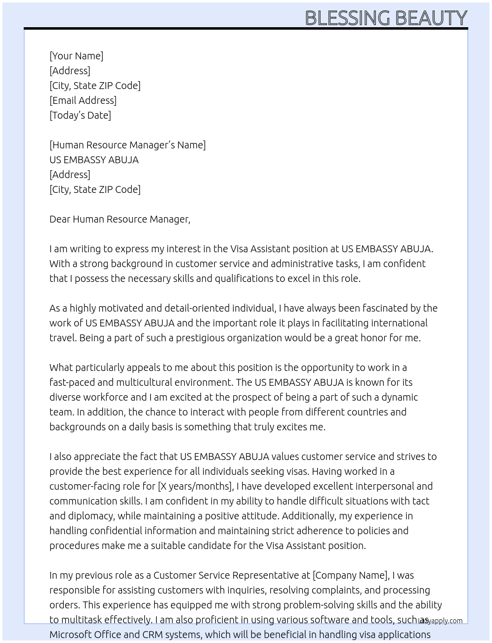 Visa Assistant At US EMBASSY ABUJA Cover Letter