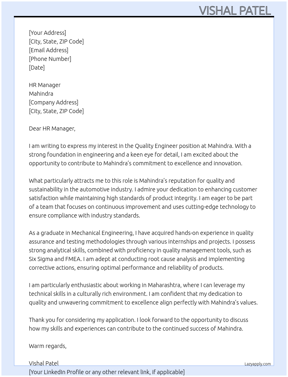 Quality engineer At Mahindra Cover Letter