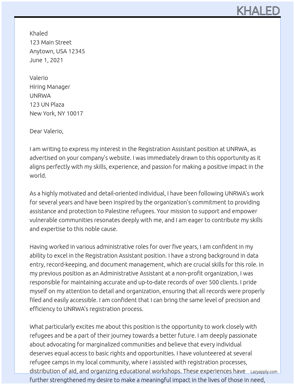 Registration Assistant At UNRWA Cover Letter