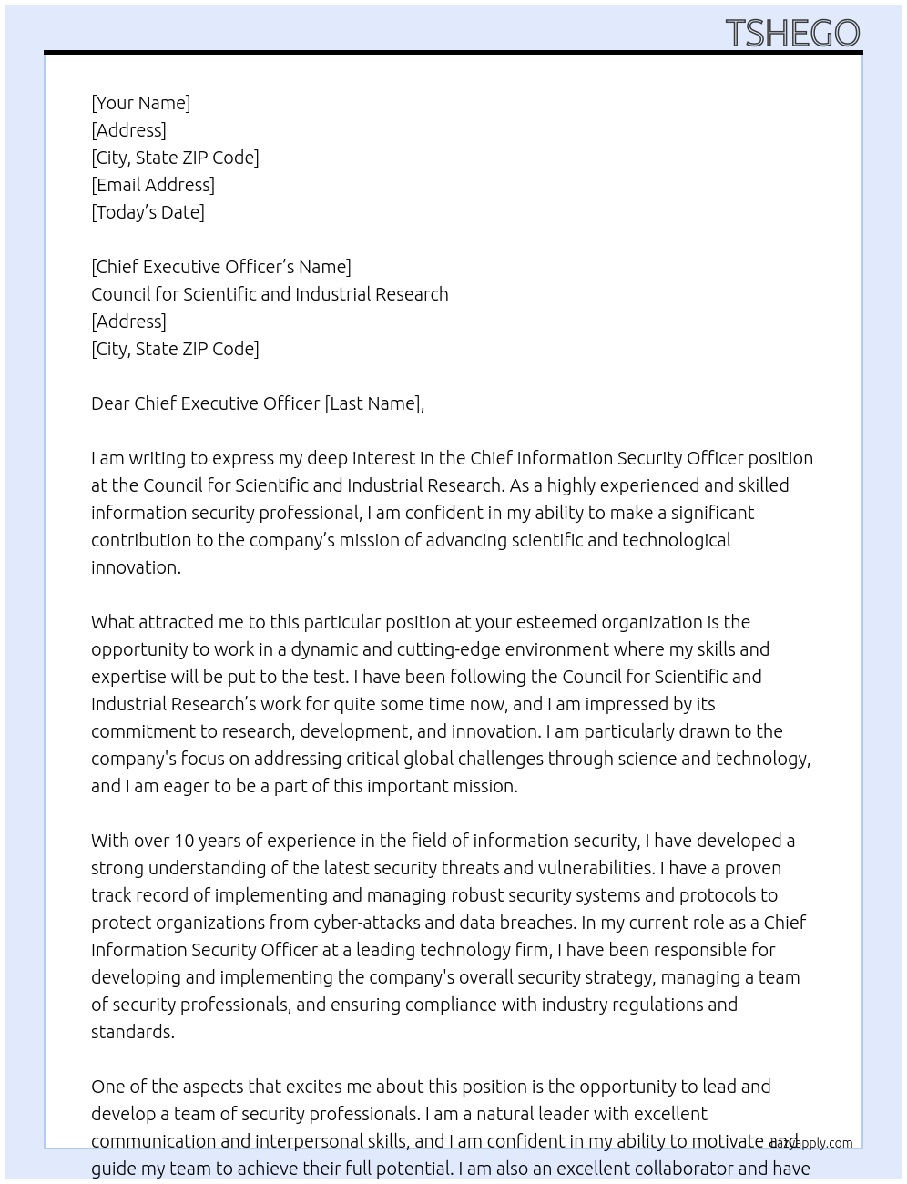 Chief Information Security Officer At Council for Scientific and Industrial Research Cover Letter