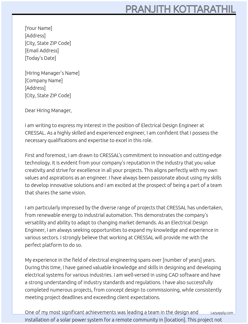 Electrical Design Engineer At CRESSAL Cover Letter