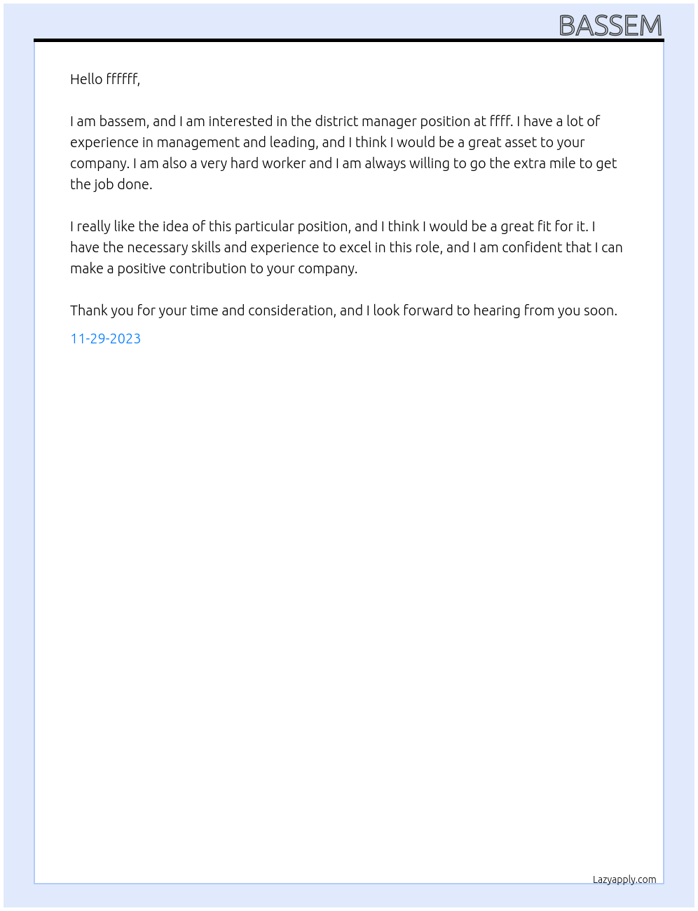 district manager At ffff Cover Letter