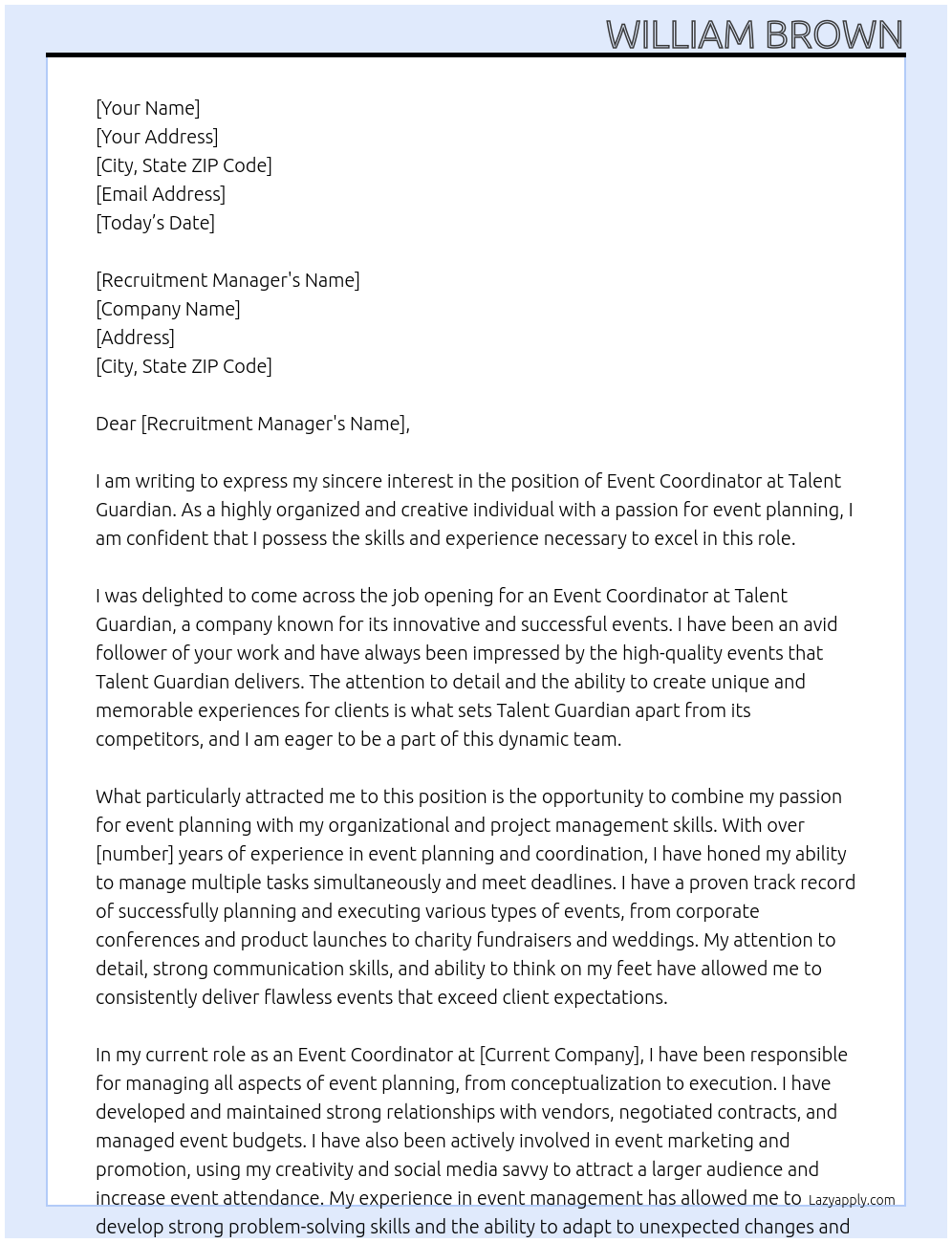 Event Coordinator At Talent Guardian Cover Letter