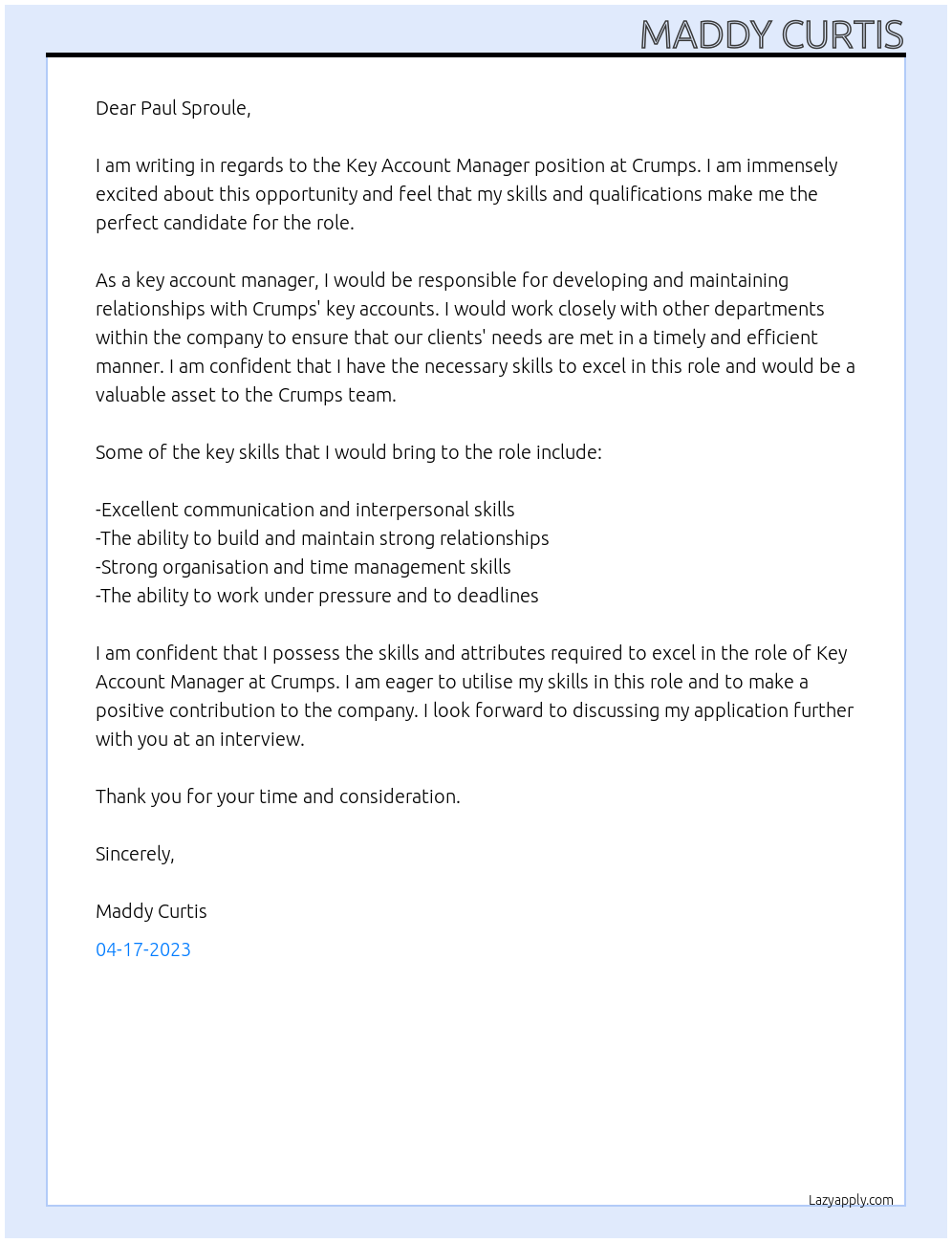 Key Account Manager At Crumps Cover Letter