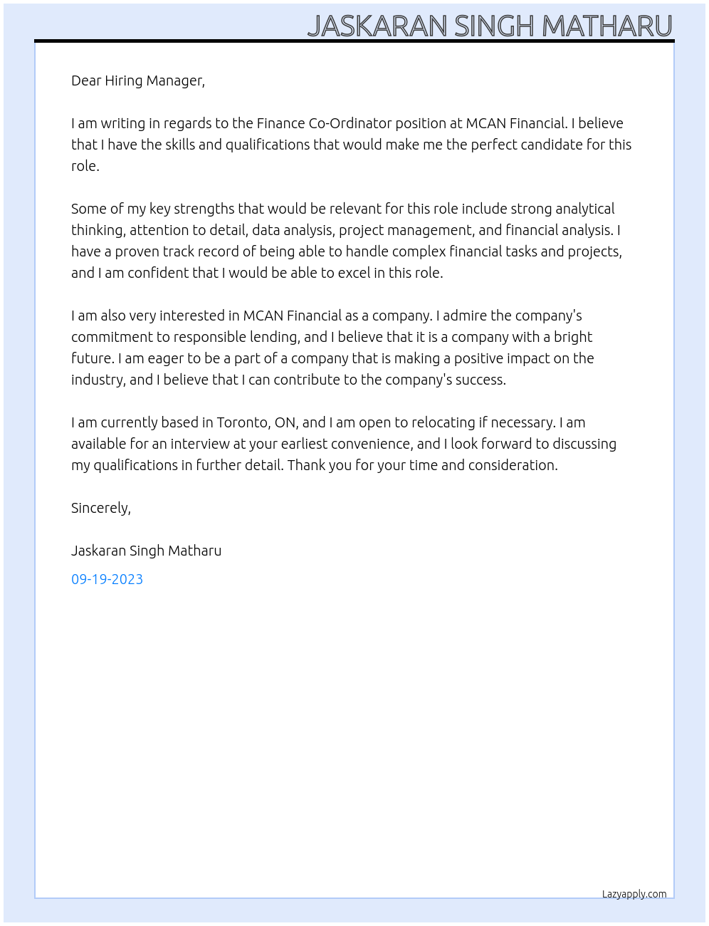 Finance Co-Ordinator At MCAN Financial Cover Letter