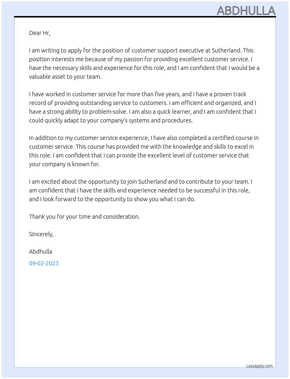 Customer support executive At Sutherland Cover Letter