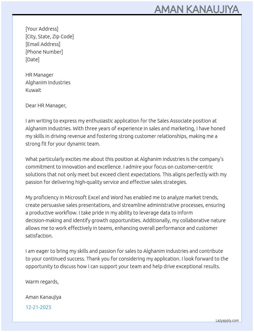 Sales associate At Alghanim Industries, kuwait Cover Letter
