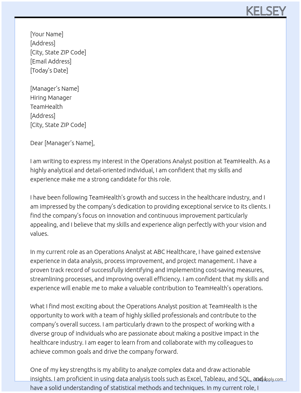 Operations Analyst At TeamHealth Cover Letter