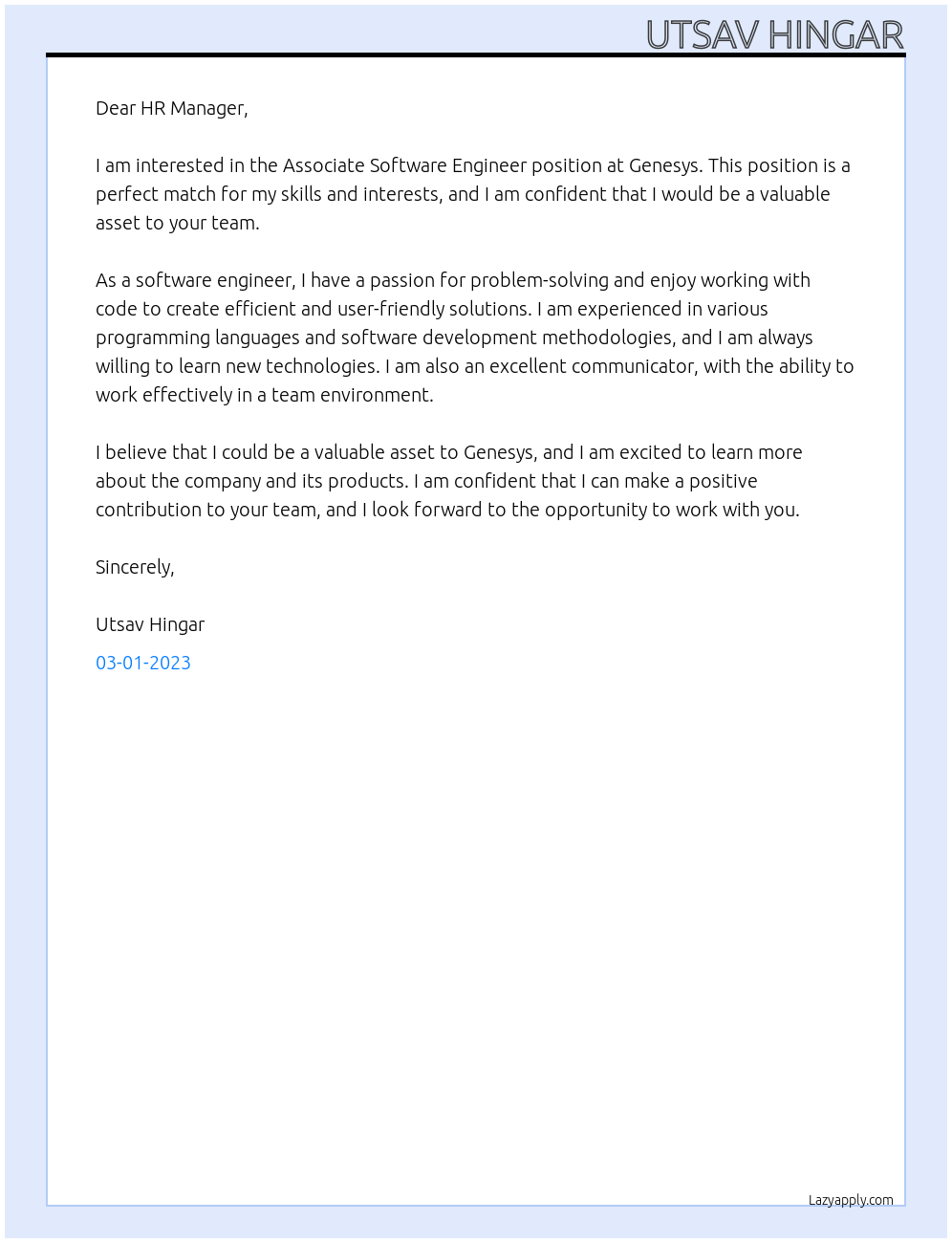 Associate Software Engineer At Genesys Cover Letter