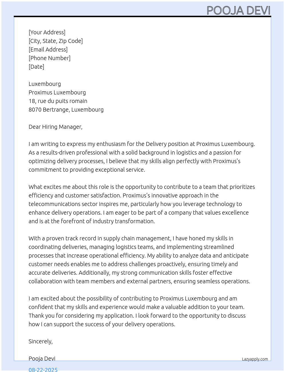 Cover letter for delivery - LazyApply