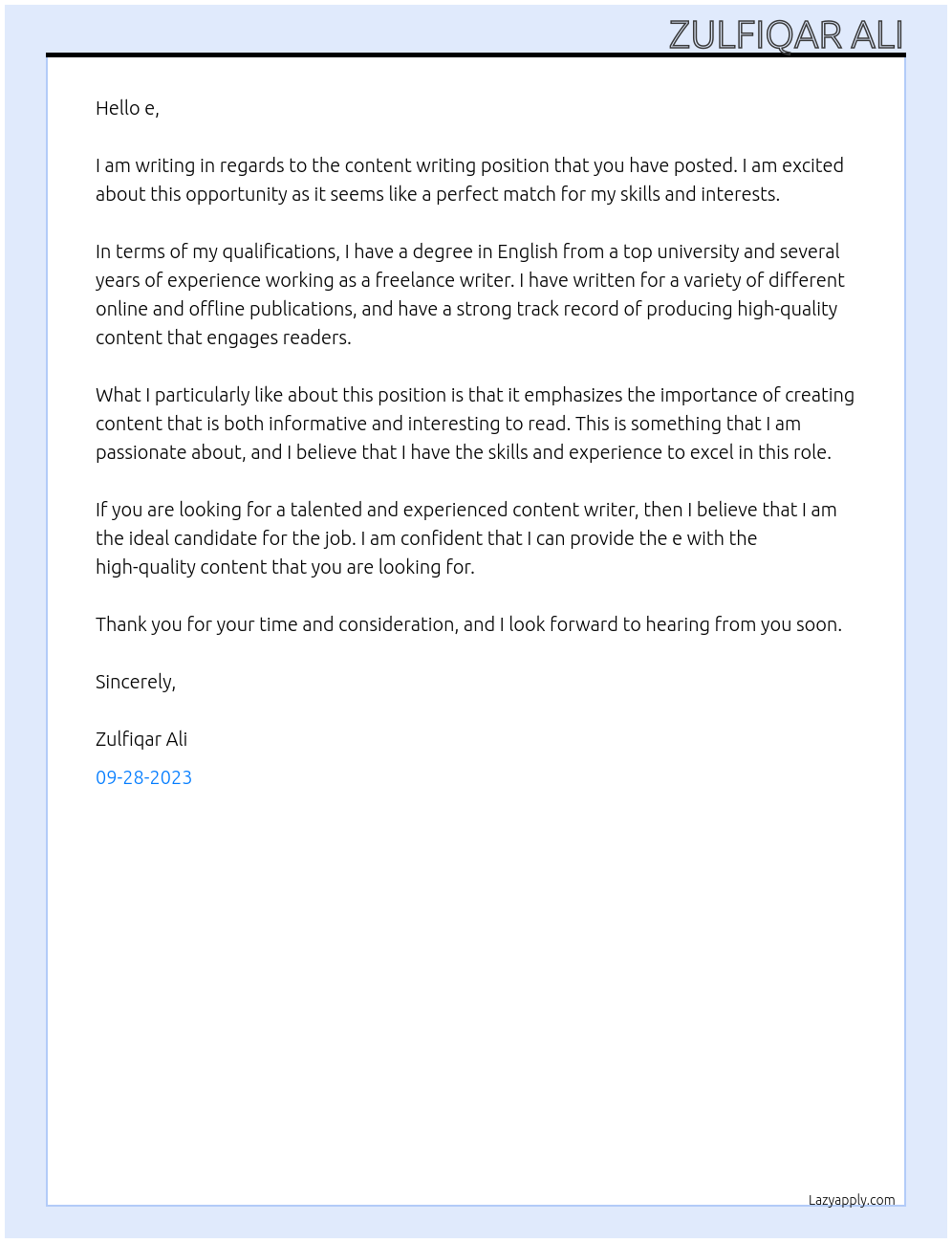 Content writing At e Cover Letter