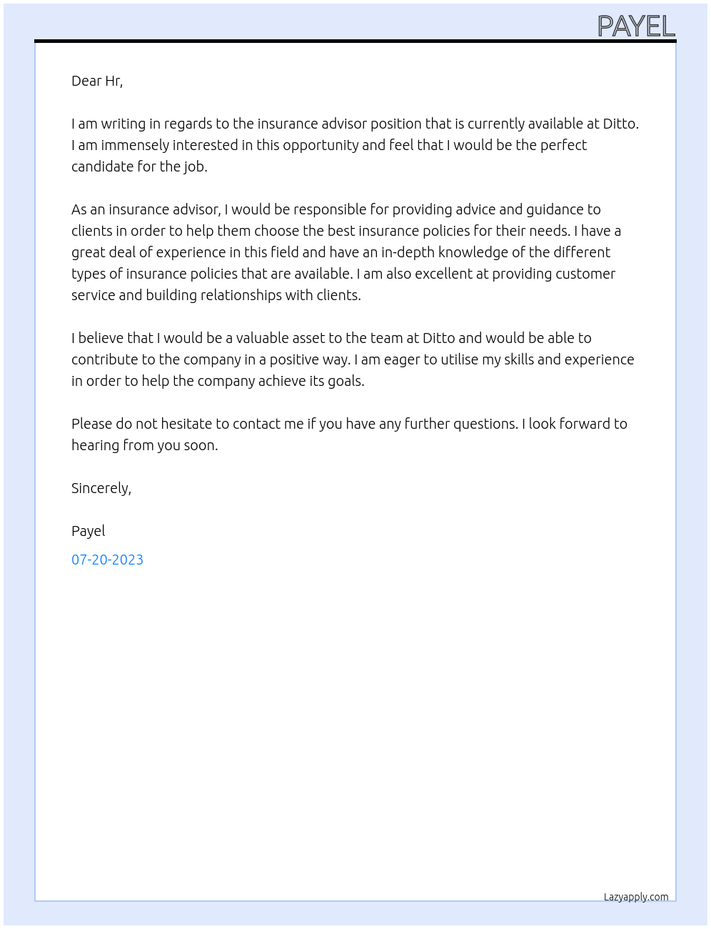 insurance advisor At Ditto Cover Letter