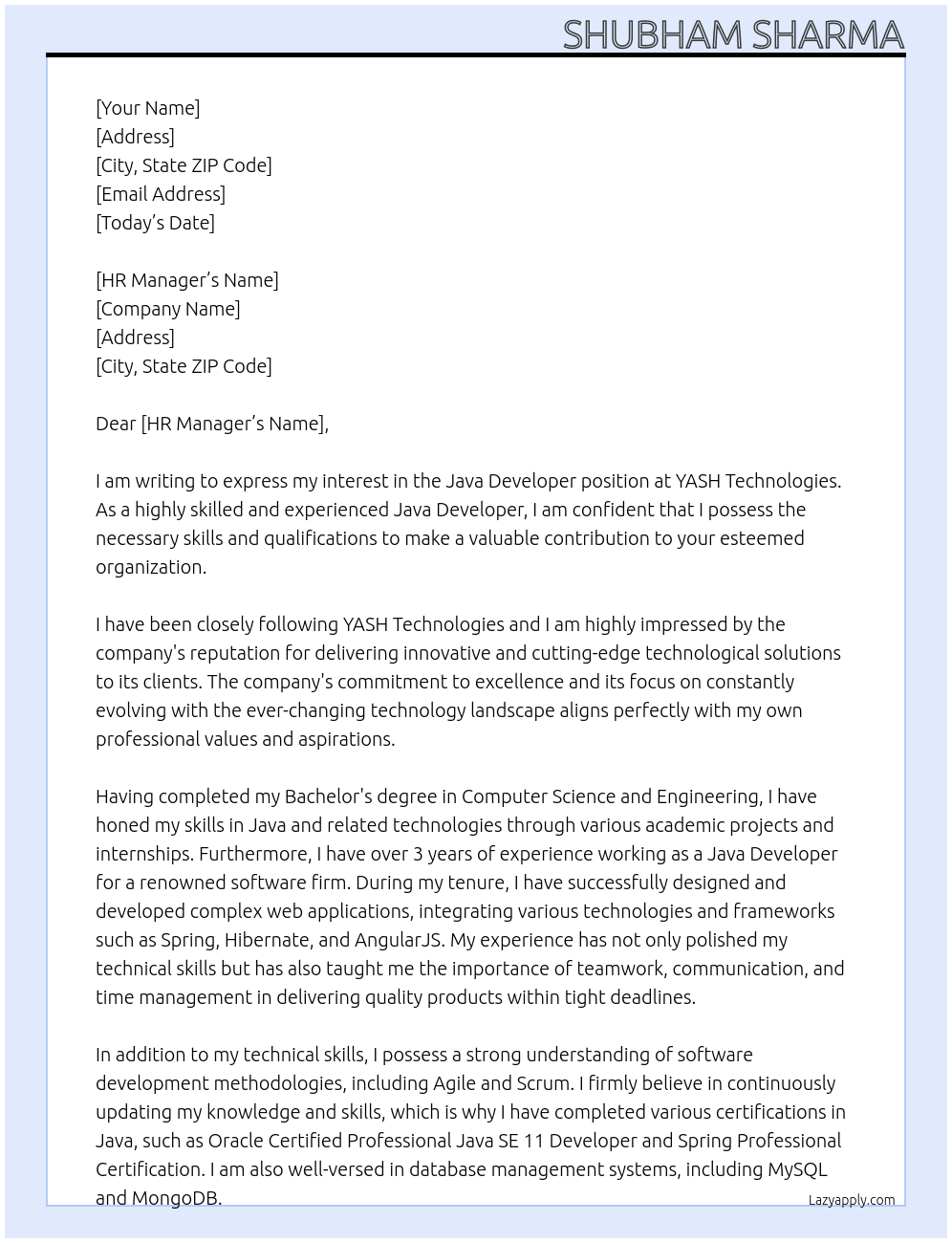 java developer At YASH Technologies Cover Letter