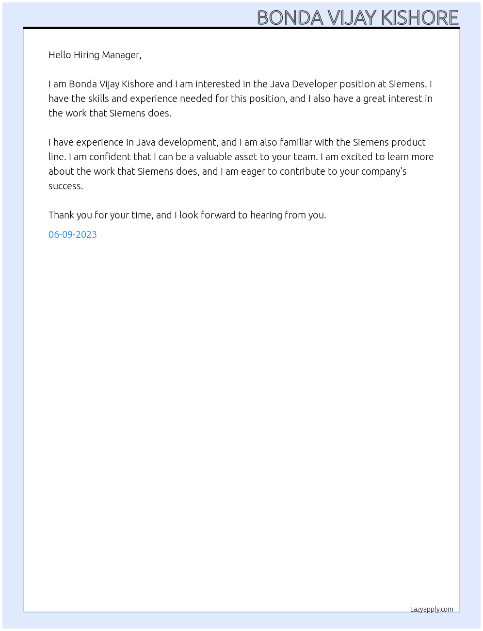 Java Developer At Siemens Cover Letter