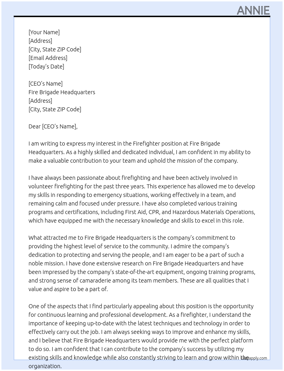 Firefighter At Fire brigade Headquarters Cover Letter