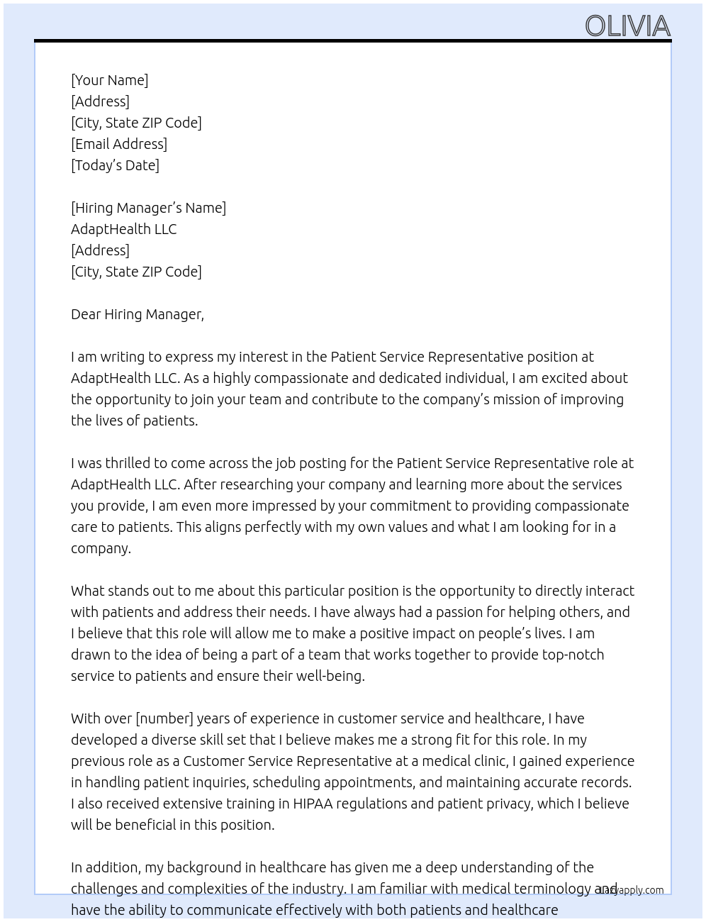 Patient Service Representative At AdaptHealth LLC Cover Letter