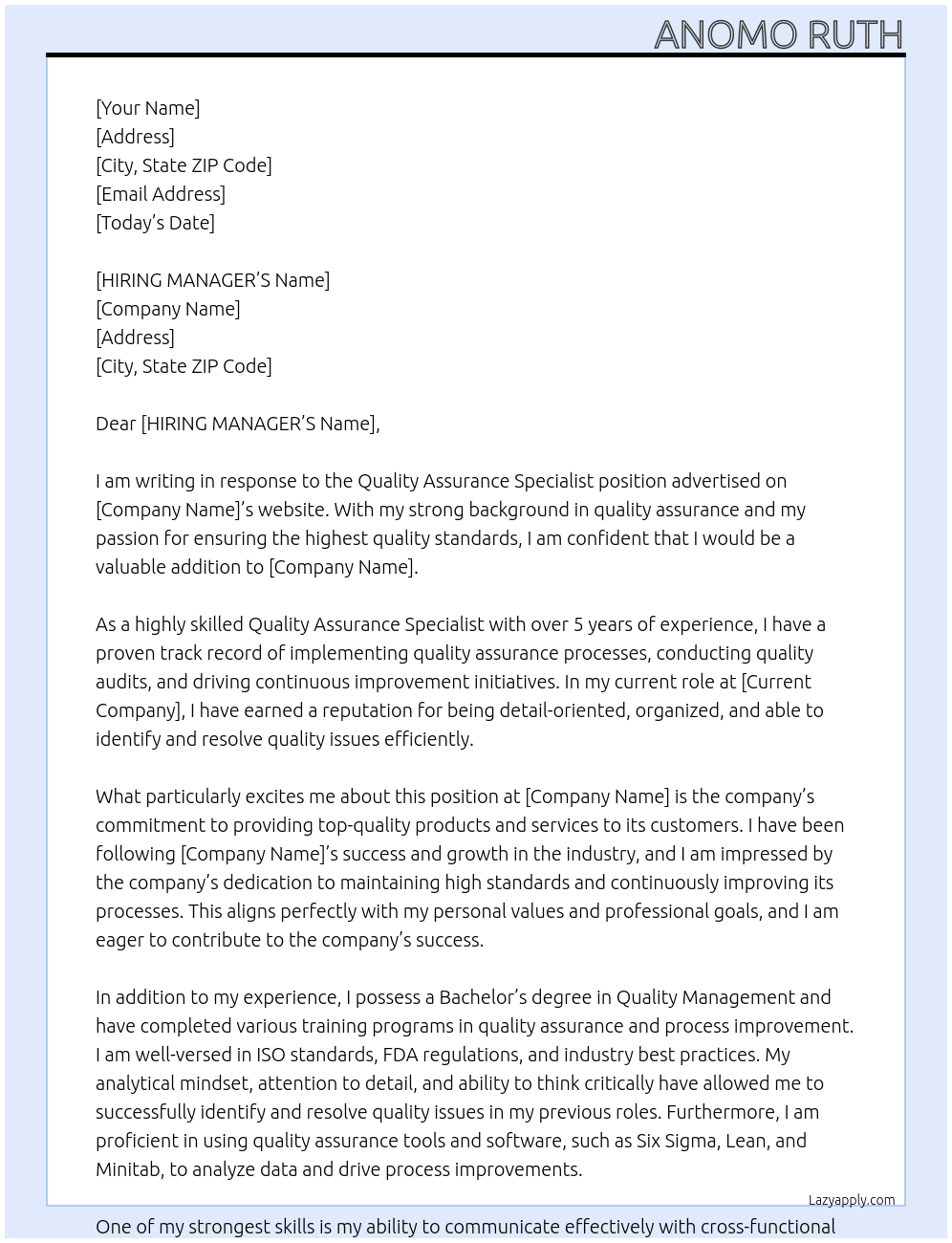 Quality Assurance Specialist At DISPENSED Cover Letter