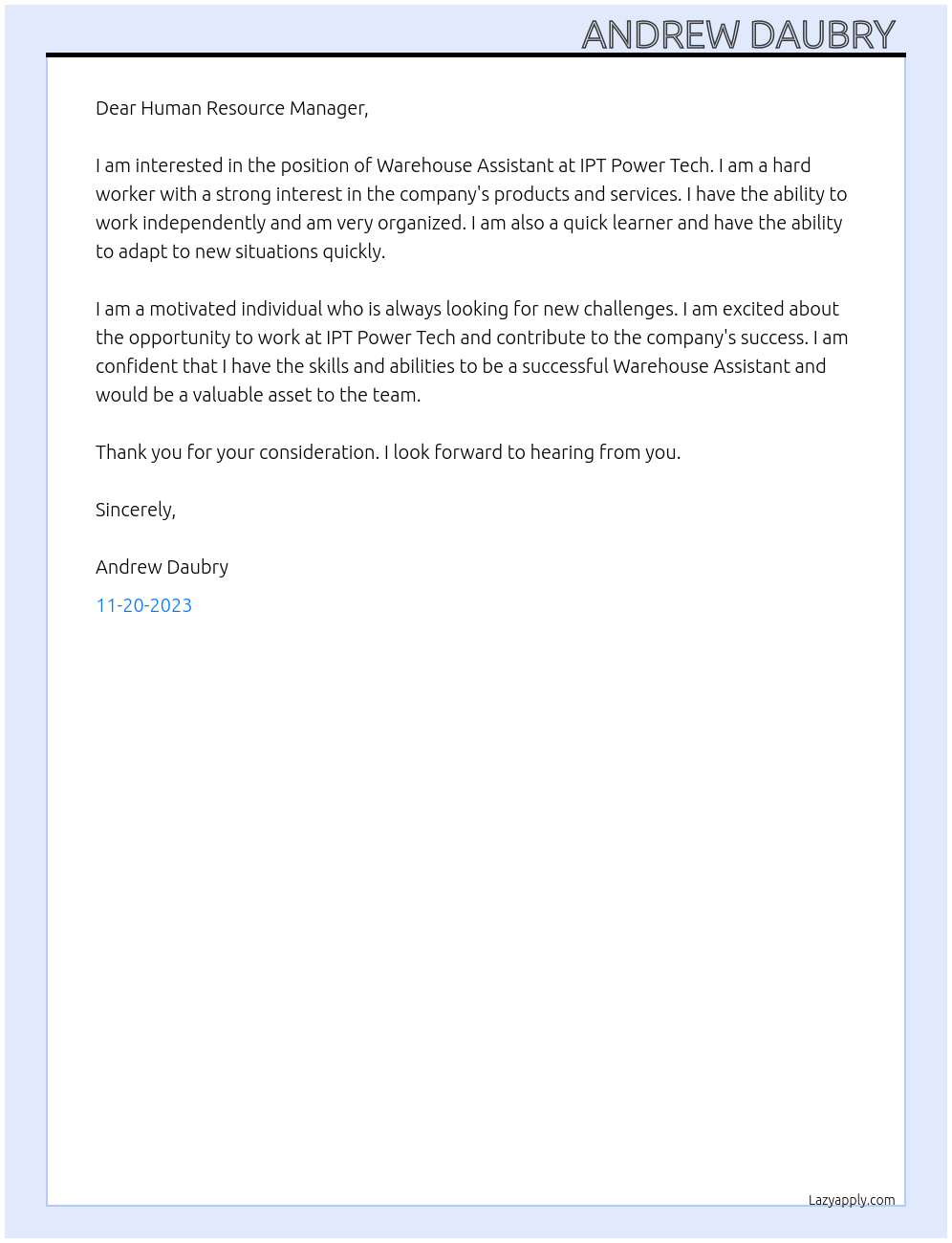 Warehouse Assistant  At IPT Power Tech Cover Letter