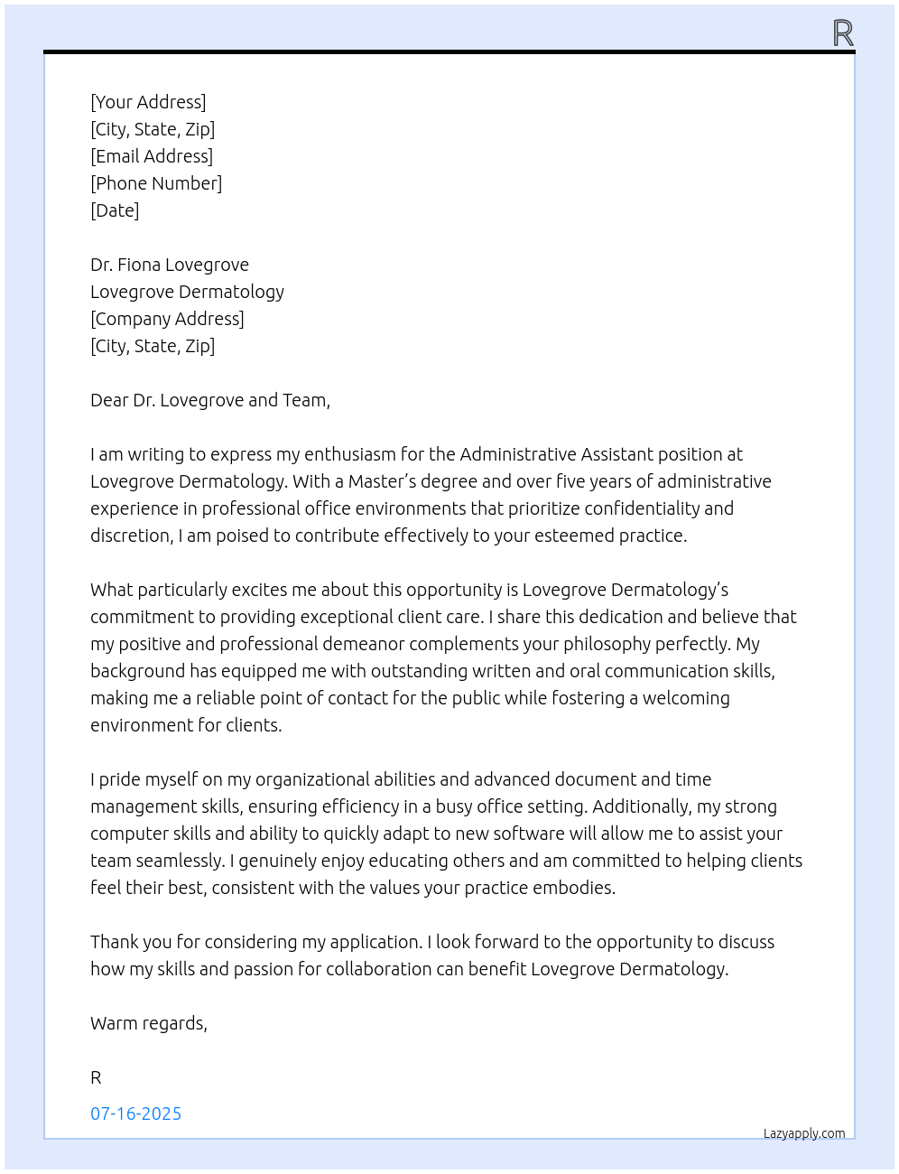 Administrative Assistant At Lovegrove Dermatology Cover Letter