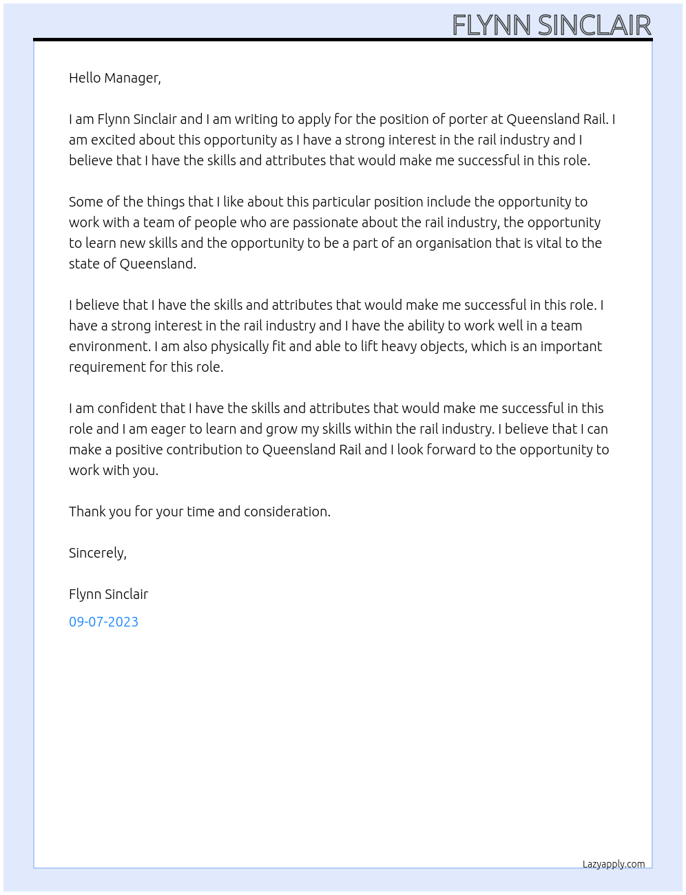 porter At Queensland Rail Cover Letter