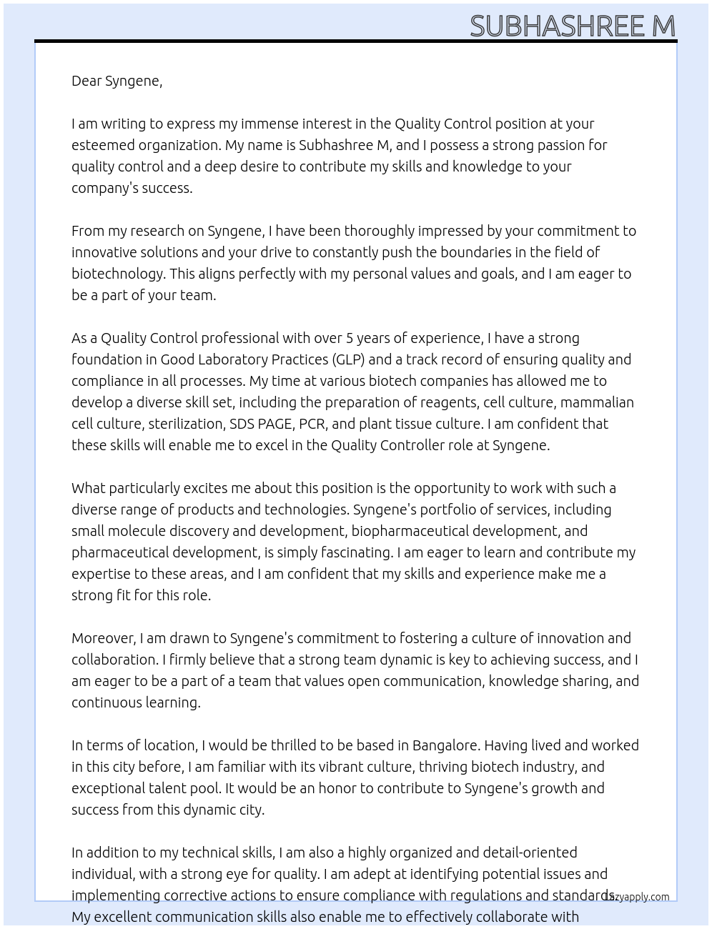 Quality control At Syngene Cover Letter