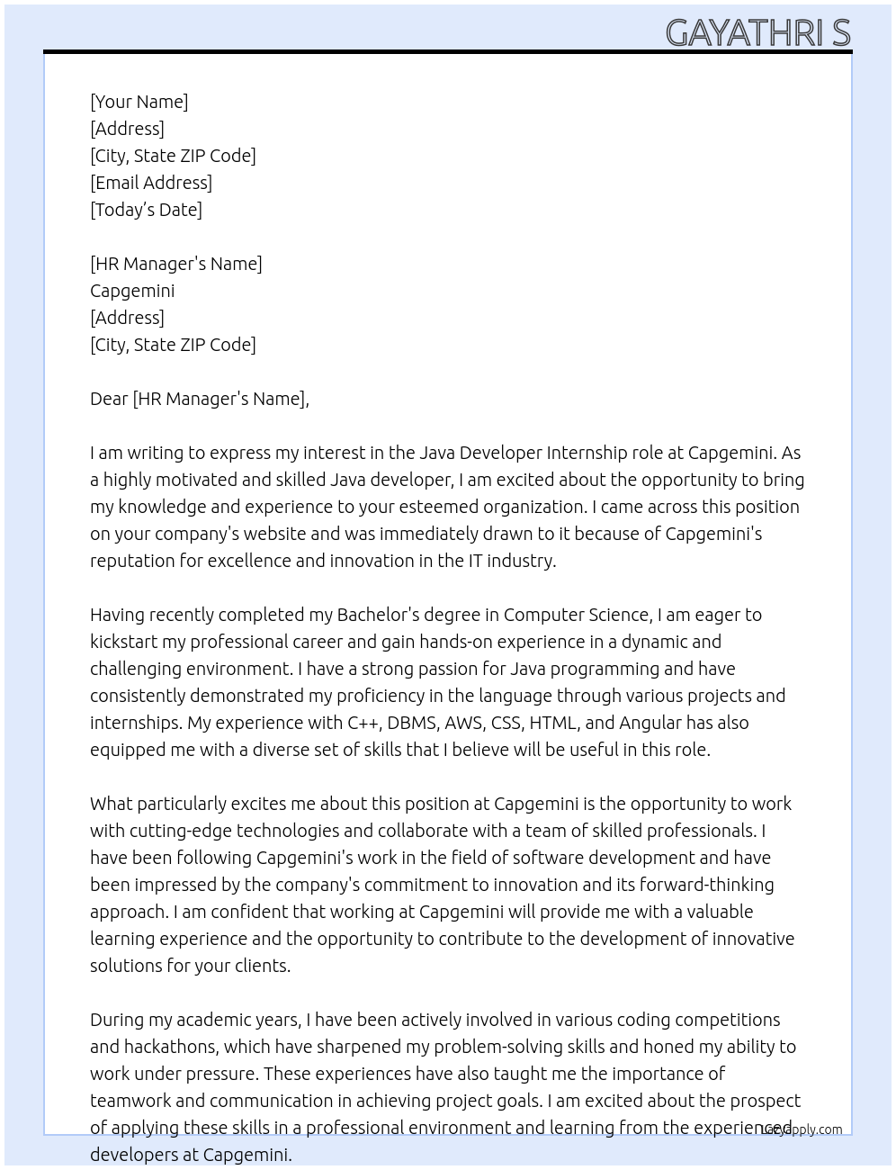 Java developer At Capgemini Cover Letter