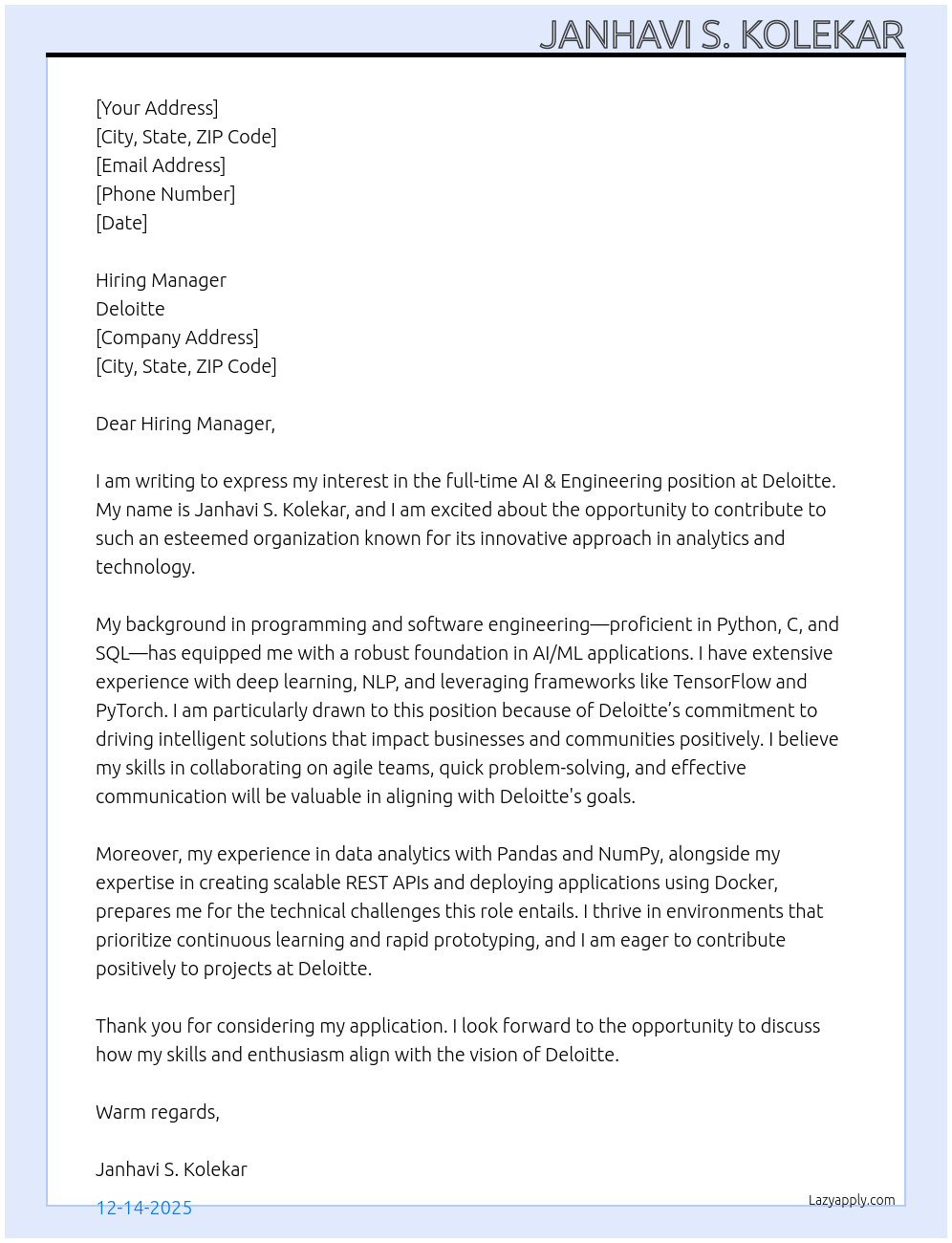 AI & Engineering At Deloitte Cover Letter