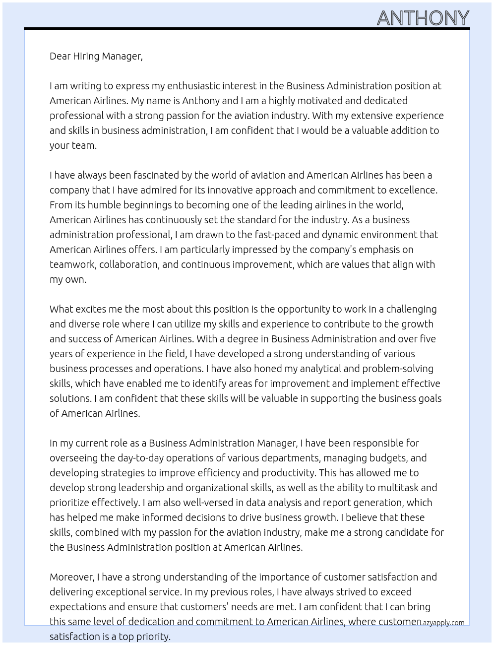 Business Administration At American Airlines Cover Letter
