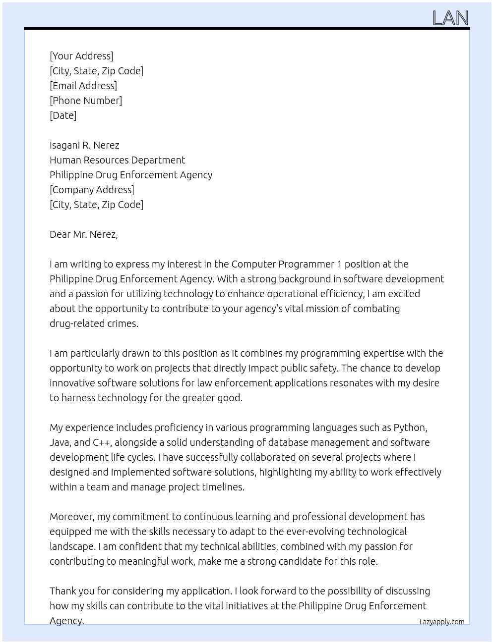 Cover letter for computer programmer 1 - LazyApply