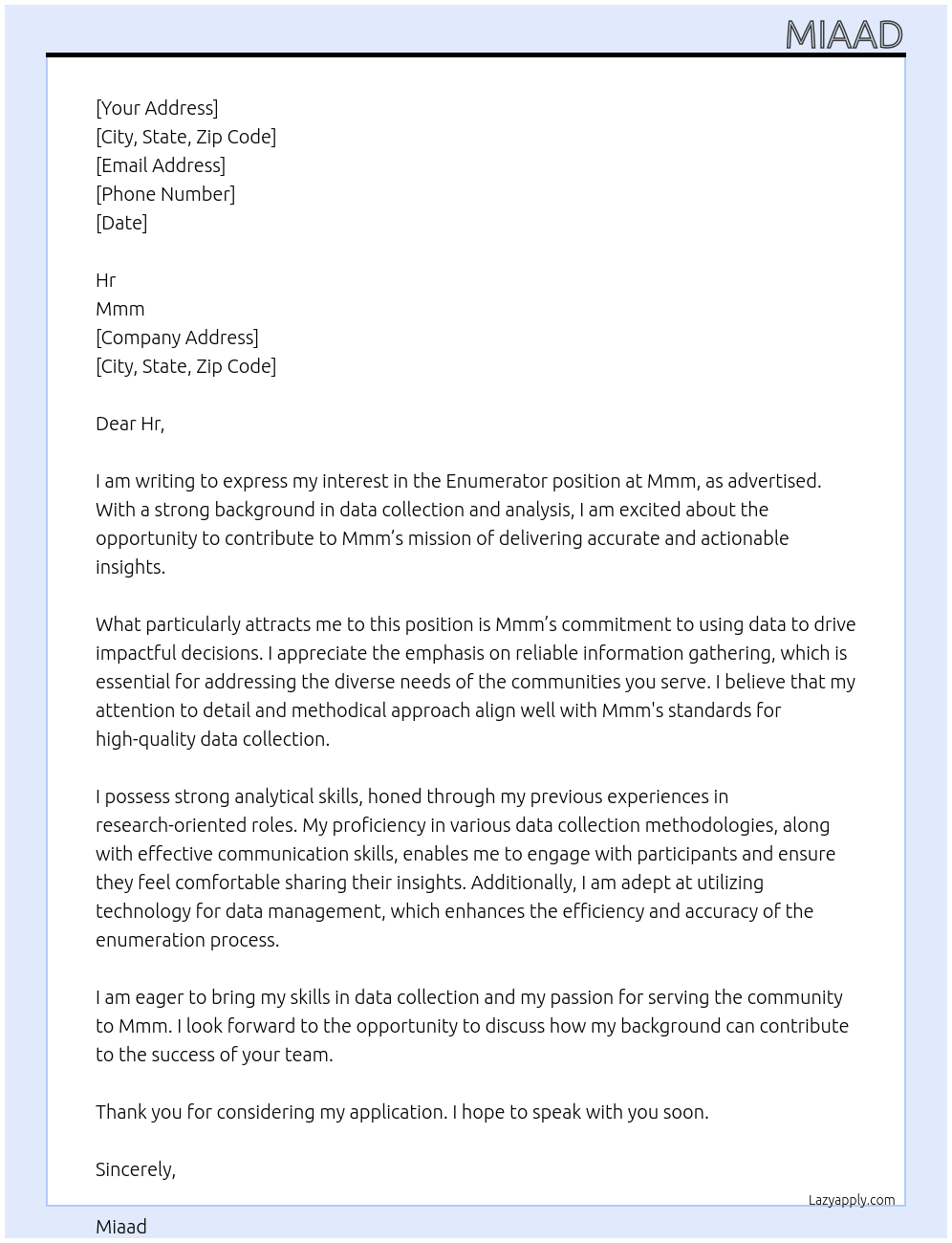 Enumerator At Mmm Cover Letter