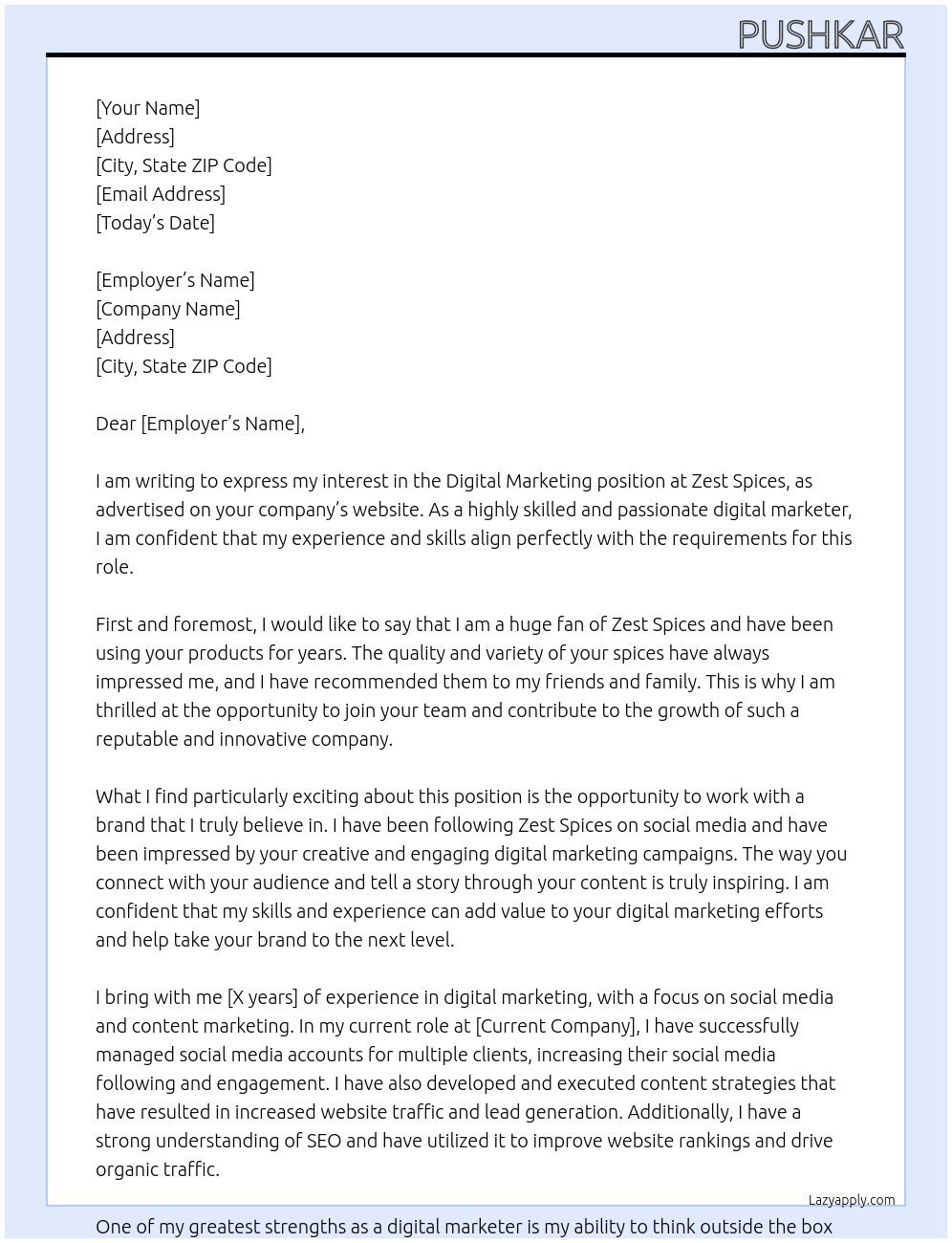 Digital Marketing At Zest Spices Cover Letter