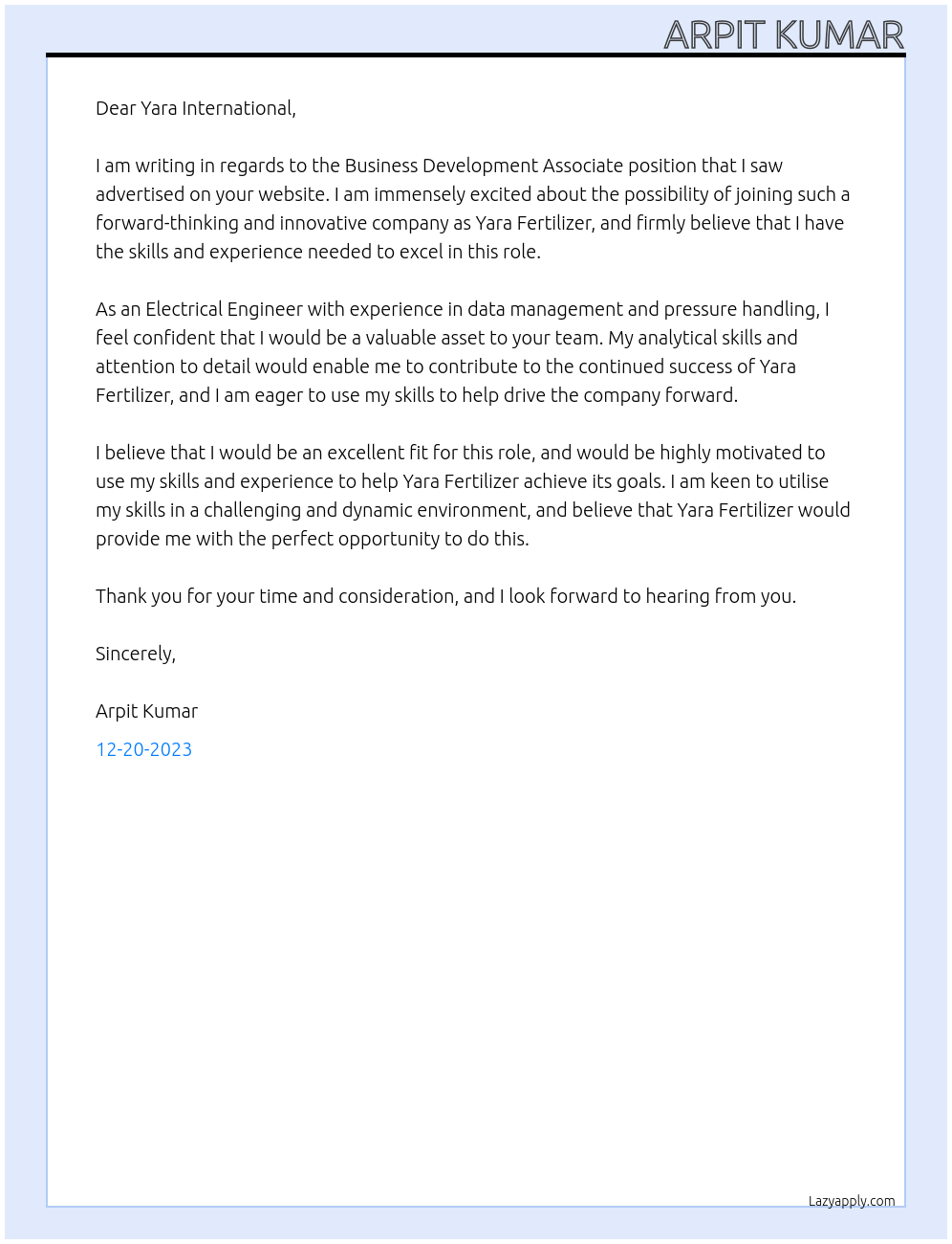 Business Development Associate At Yara Fertilizer Cover Letter