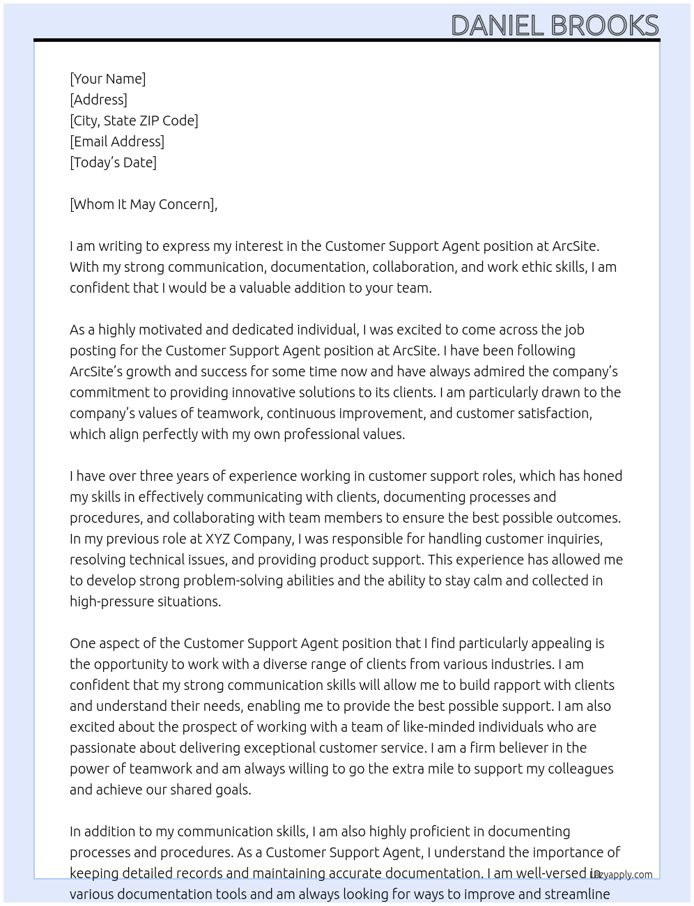 Customer Support Agent At ArcSite Cover Letter